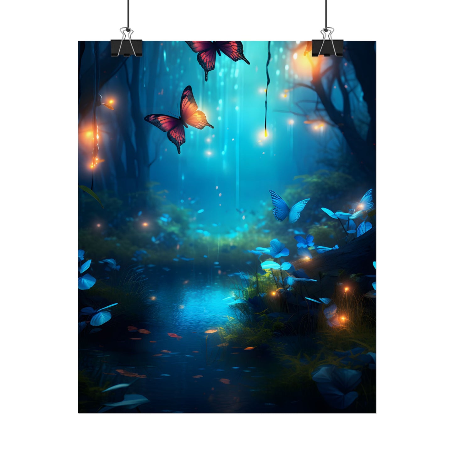 Moonlit Night Forest: Glowing Foggy Fantasy Bokeh Art - Poster