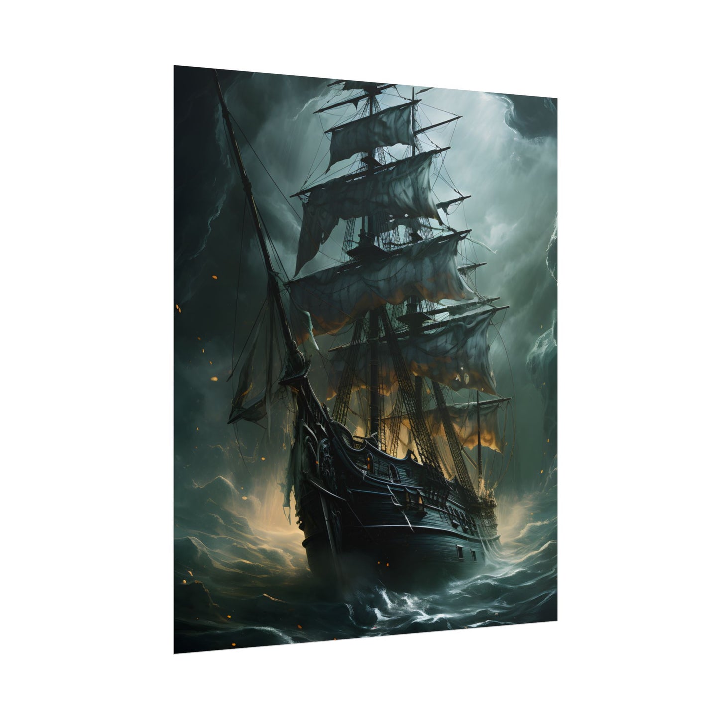Ghostly Pirate Ship: Sailing Solo in Eerie Blue Skies - Poster