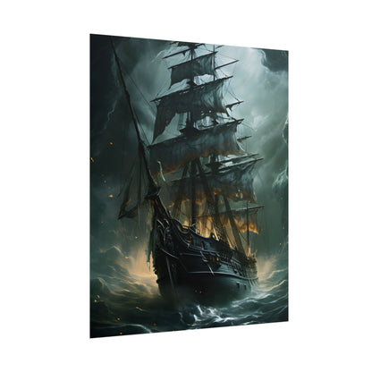 Ghostly Pirate Ship: Sailing Solo in Eerie Blue Skies - Poster