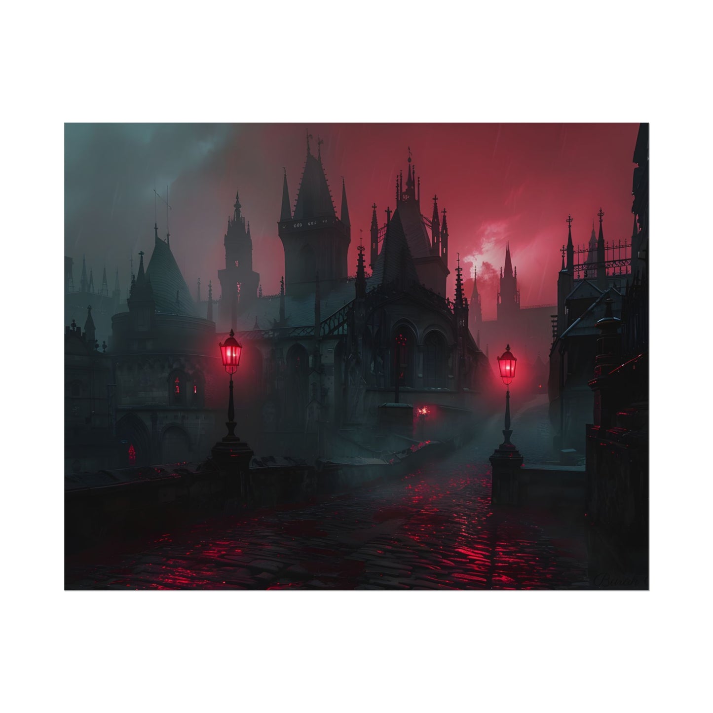 Dark Gothic Cityscape: Misty Twilight Artwork - Poster