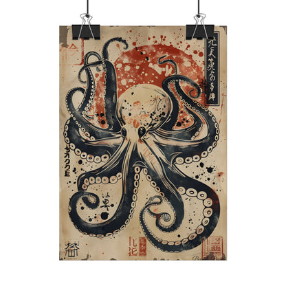 Stylized Octopus: Vibrant Japanese Ukiyo-E Artwork - Poster