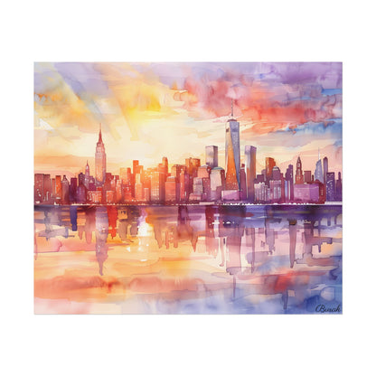 Watercolor Sunset New York City Skyline: Beautiful Artwork - Poster