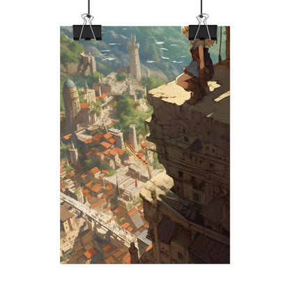 Dramatic Anime Bird's Eye View: Blonde Female in Action with Flying Birds - Poster