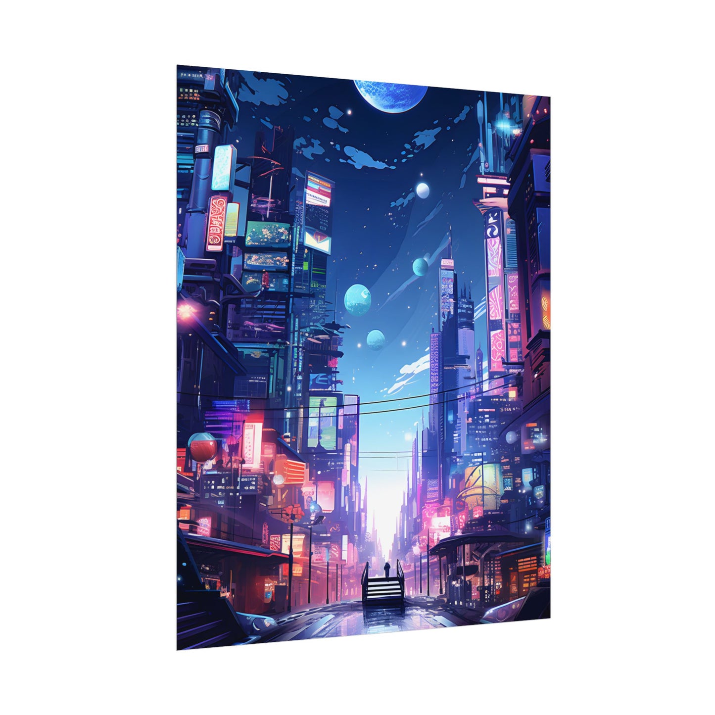 Melancholic Night in Cyberpunk City: Urban Landscape Art - Poster