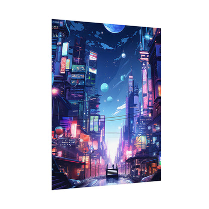 Melancholic Night in Cyberpunk City: Urban Landscape Art - Poster