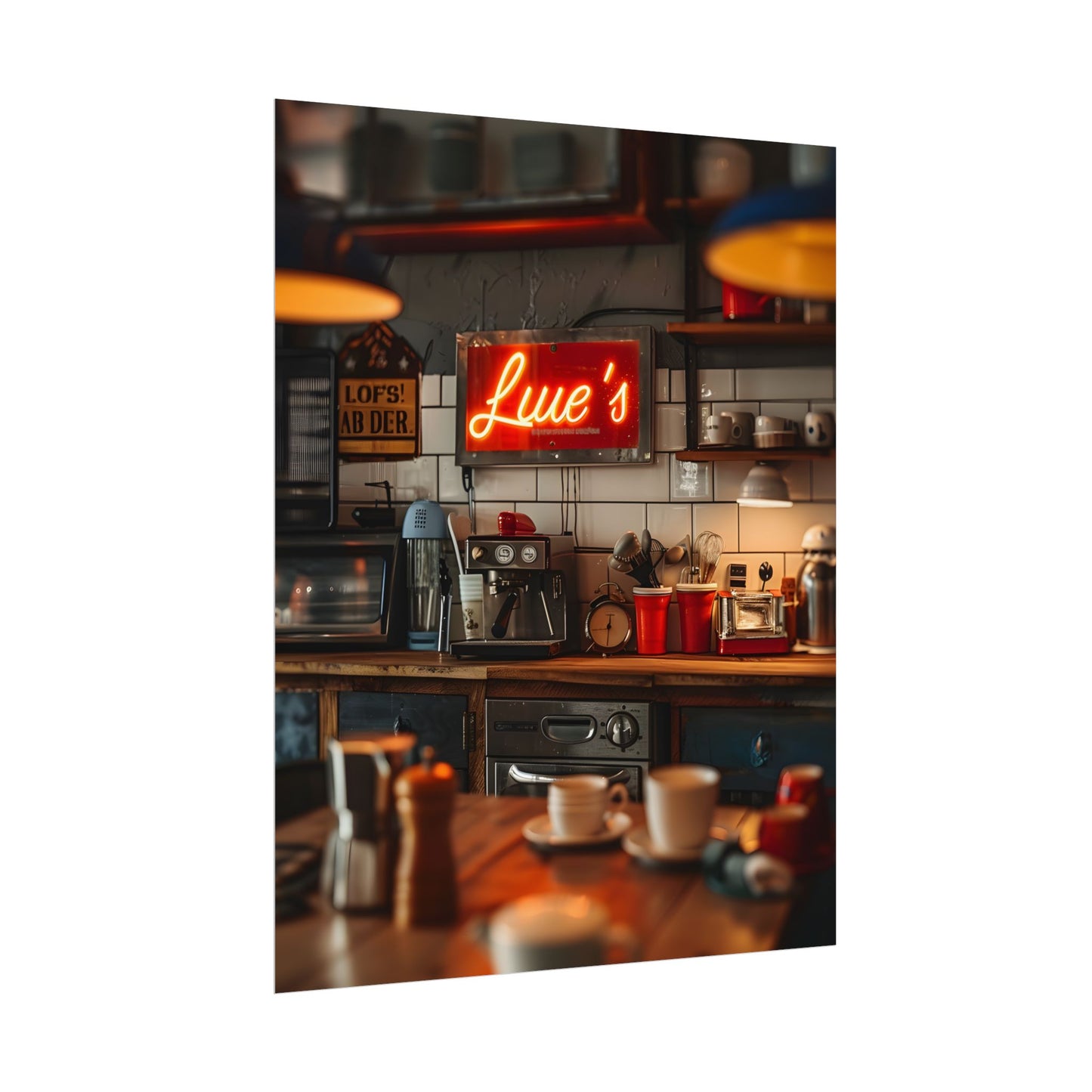 Cozy Retro Kitchen Artwork: Lukes Diner Sign Digital Art - Poster
