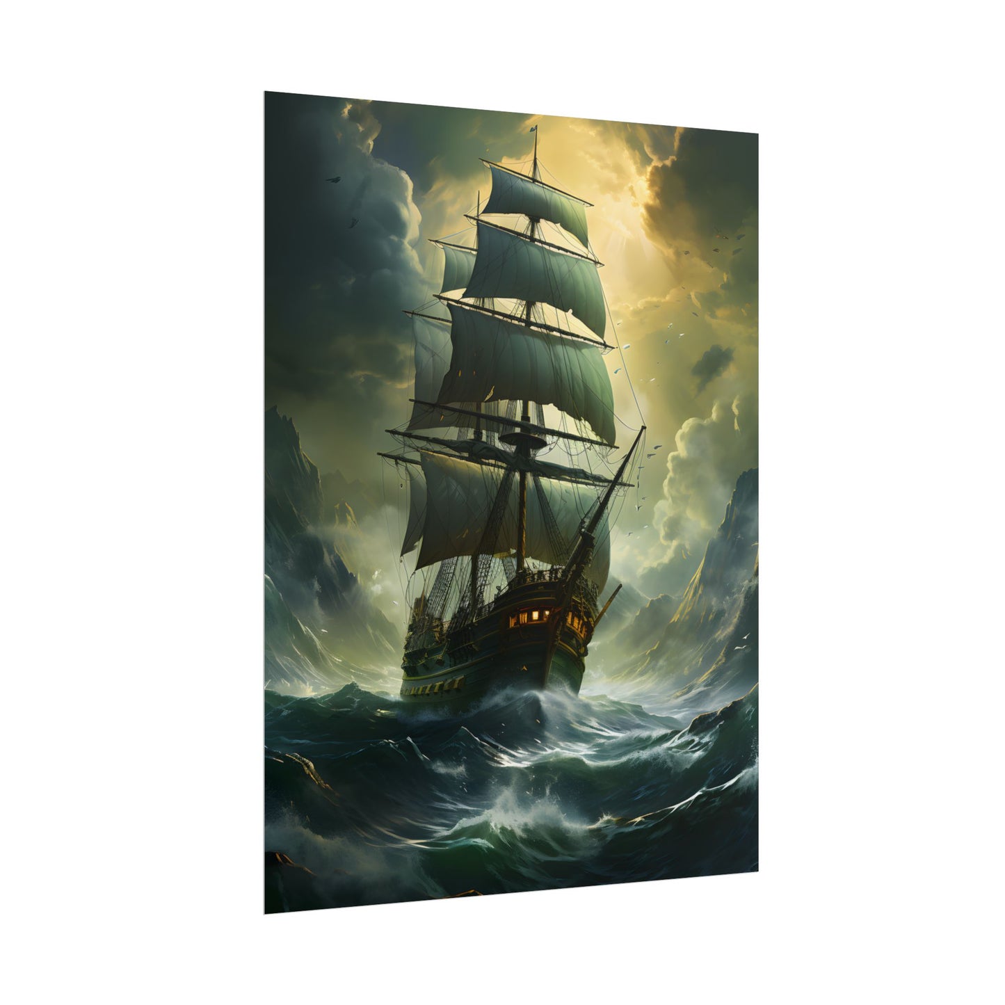 Green Realism: Majestic Ship Oil Painting - Poster