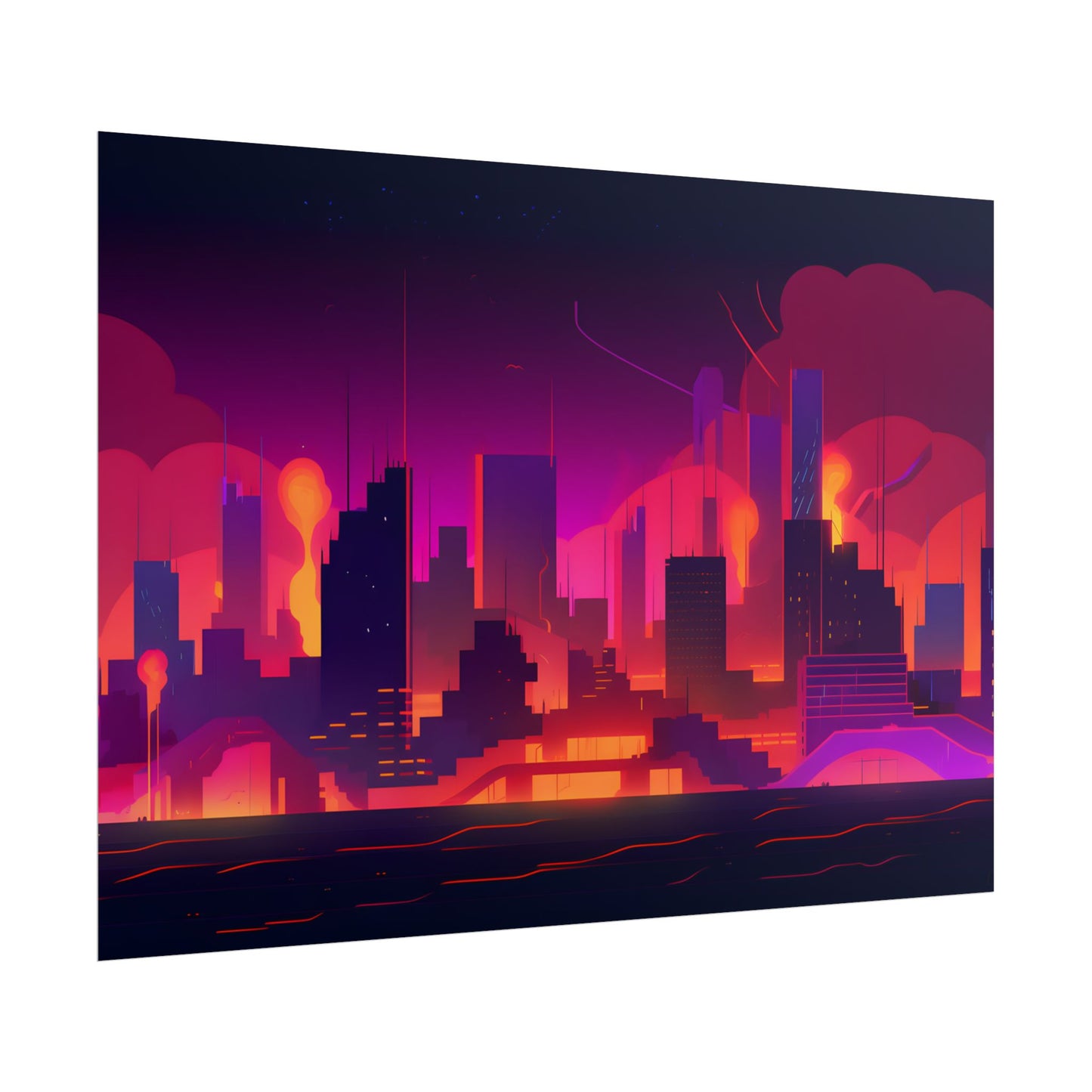Burning Cyberpunk Cityscape: Nighttime Digital Artwork - Poster