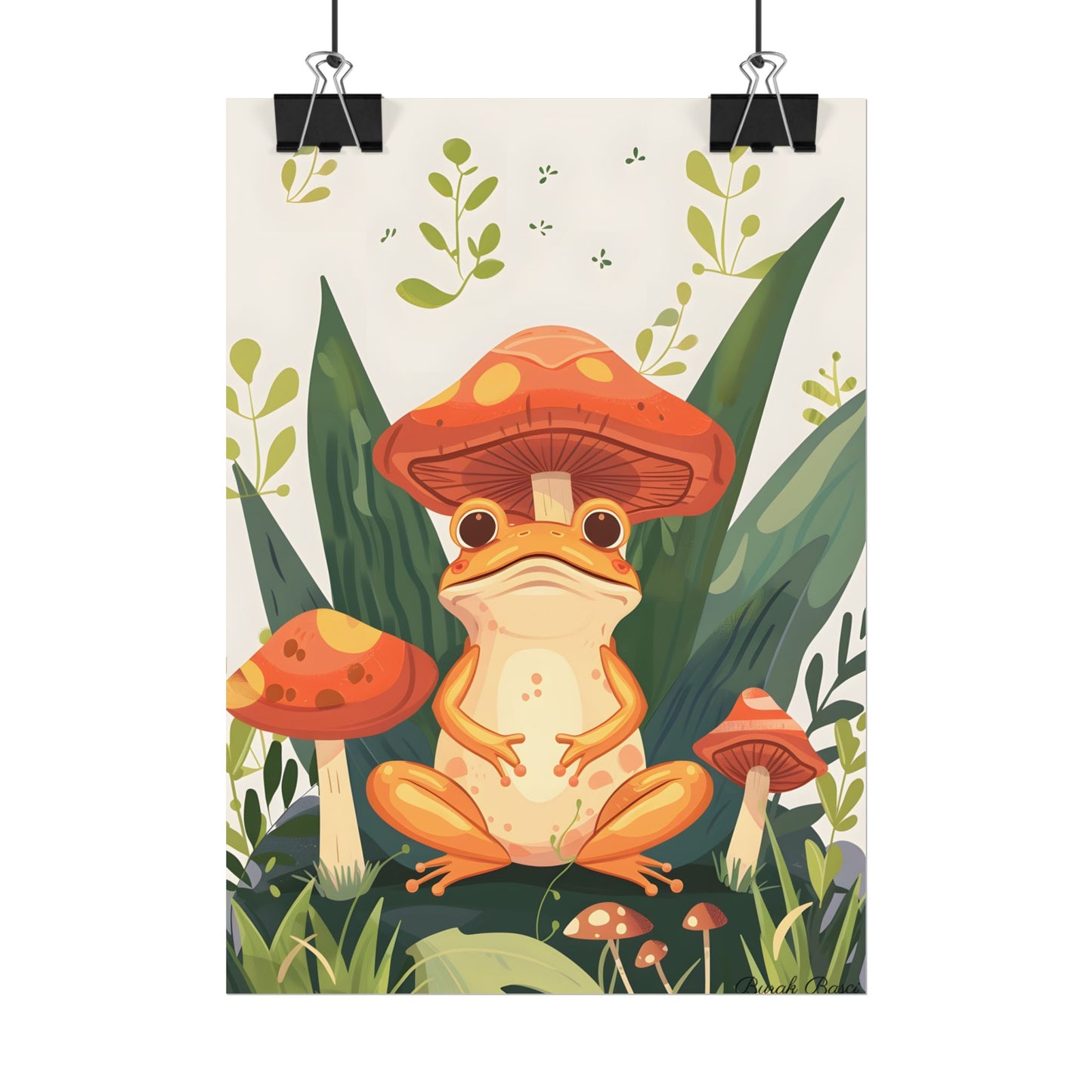 Retro Whimsy: Frog & Mushrooms in Close-Up Charm - Poster