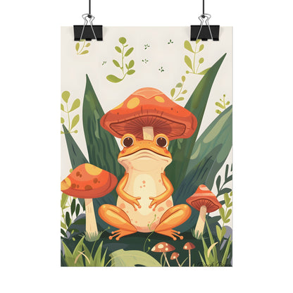 Retro Whimsy: Frog & Mushrooms in Close-Up Charm - Poster
