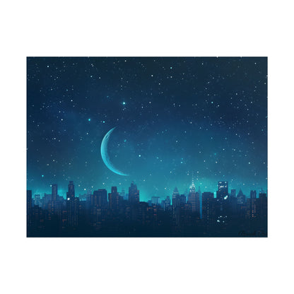 Starry Night Sky: Tranquil Dark Blue Scene with Crescent Moon - Poster
