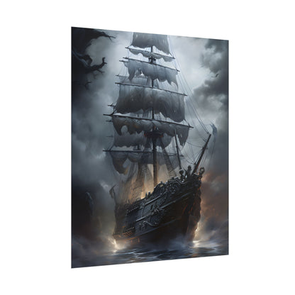 Ghostly Pirate Sails: Abandoned Ship at Sea - Poster