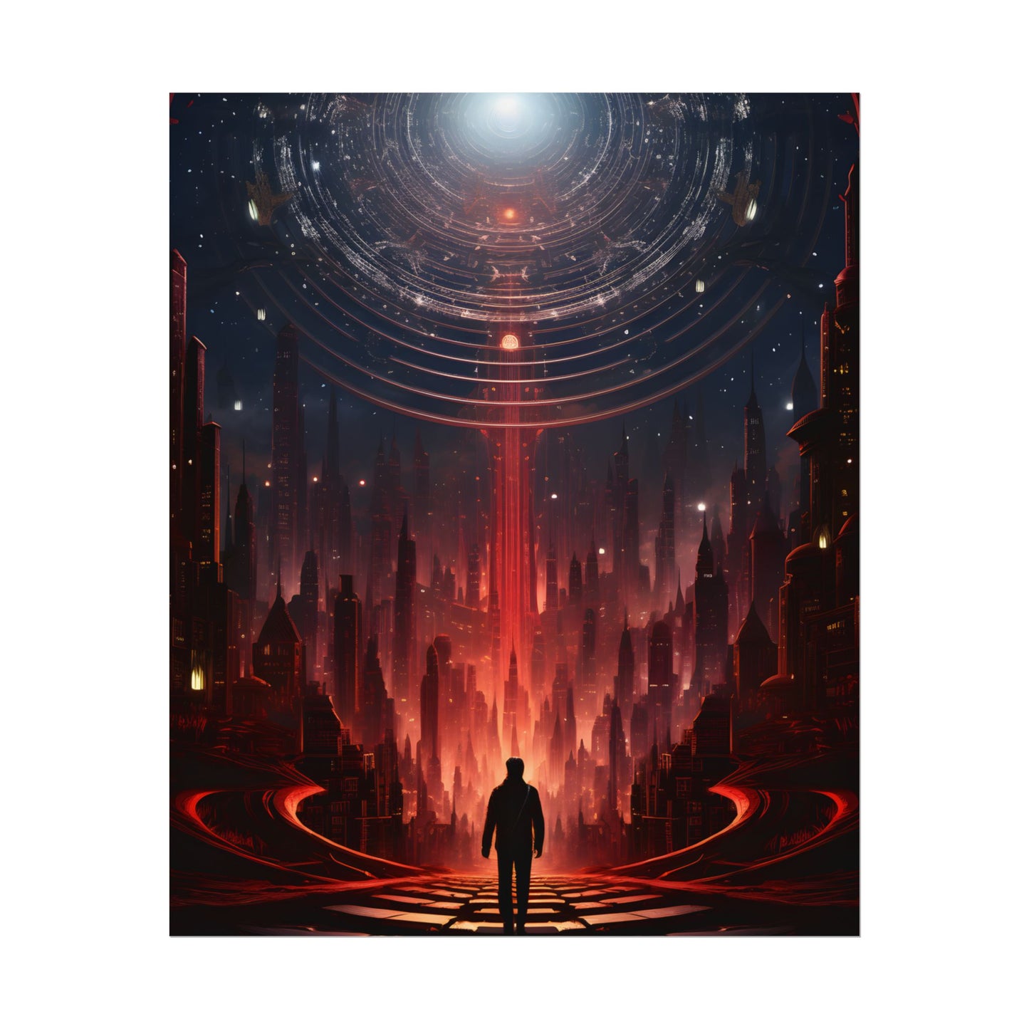 Futuristic Cityscape: Neon Sky Meets Nature's Harmony - Poster