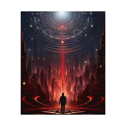 Futuristic Cityscape: Neon Sky Meets Nature's Harmony - Poster