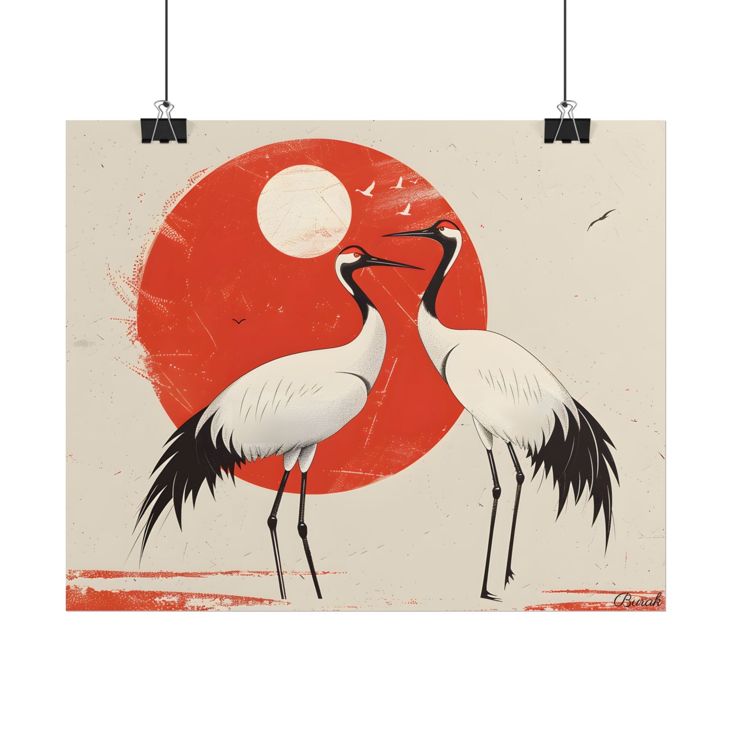 Serene Wildlife Sanctuary: Cranes in Red Nature Scene Art - Poster