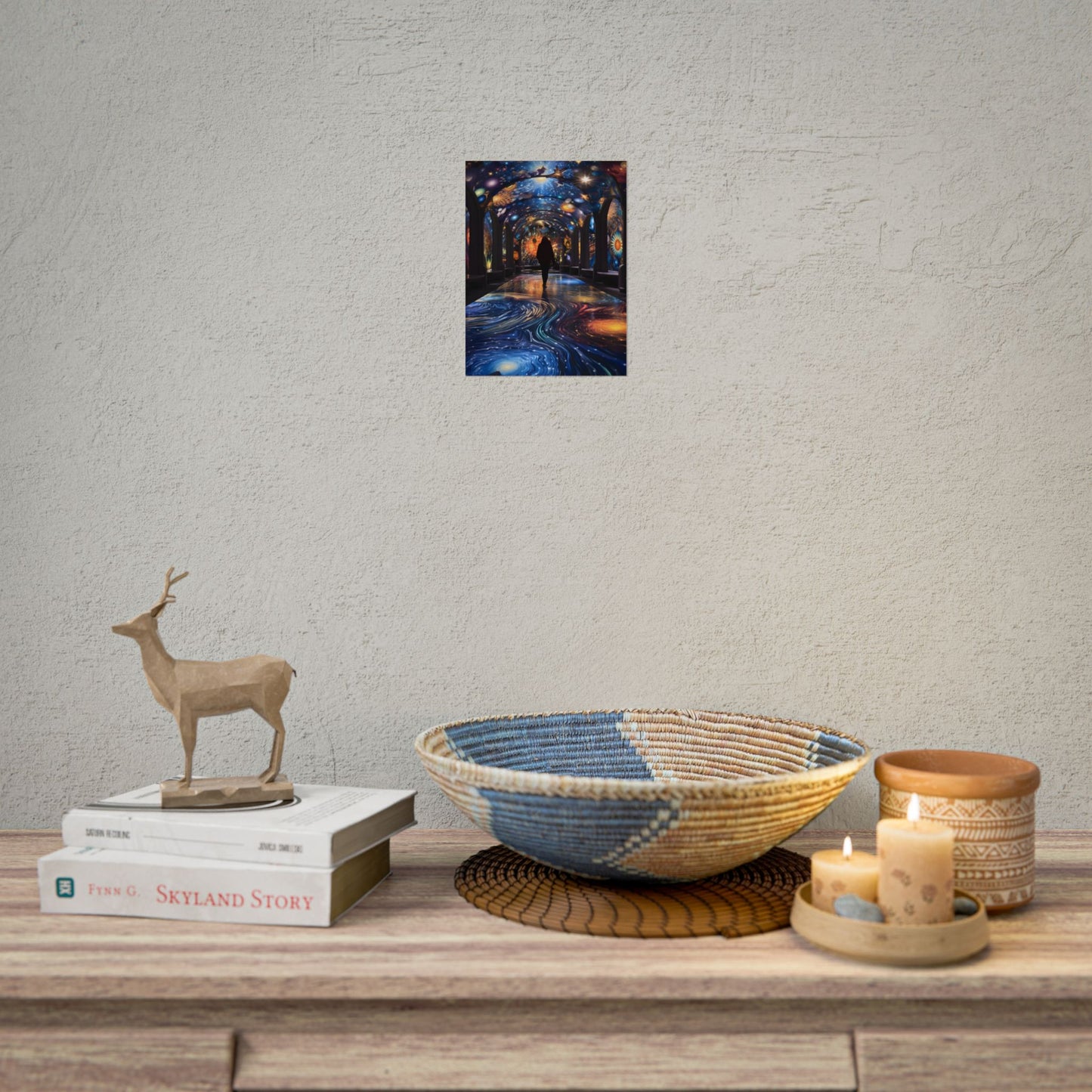 Celestial Art Gallery: Vibrant Space-Themed Artwork in a Colorful Interior - Poster
