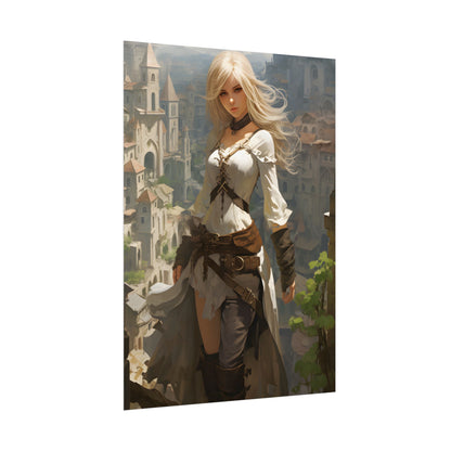 Anime Bird's Eye View Portrait: Blonde Beauty in Motion - Poster