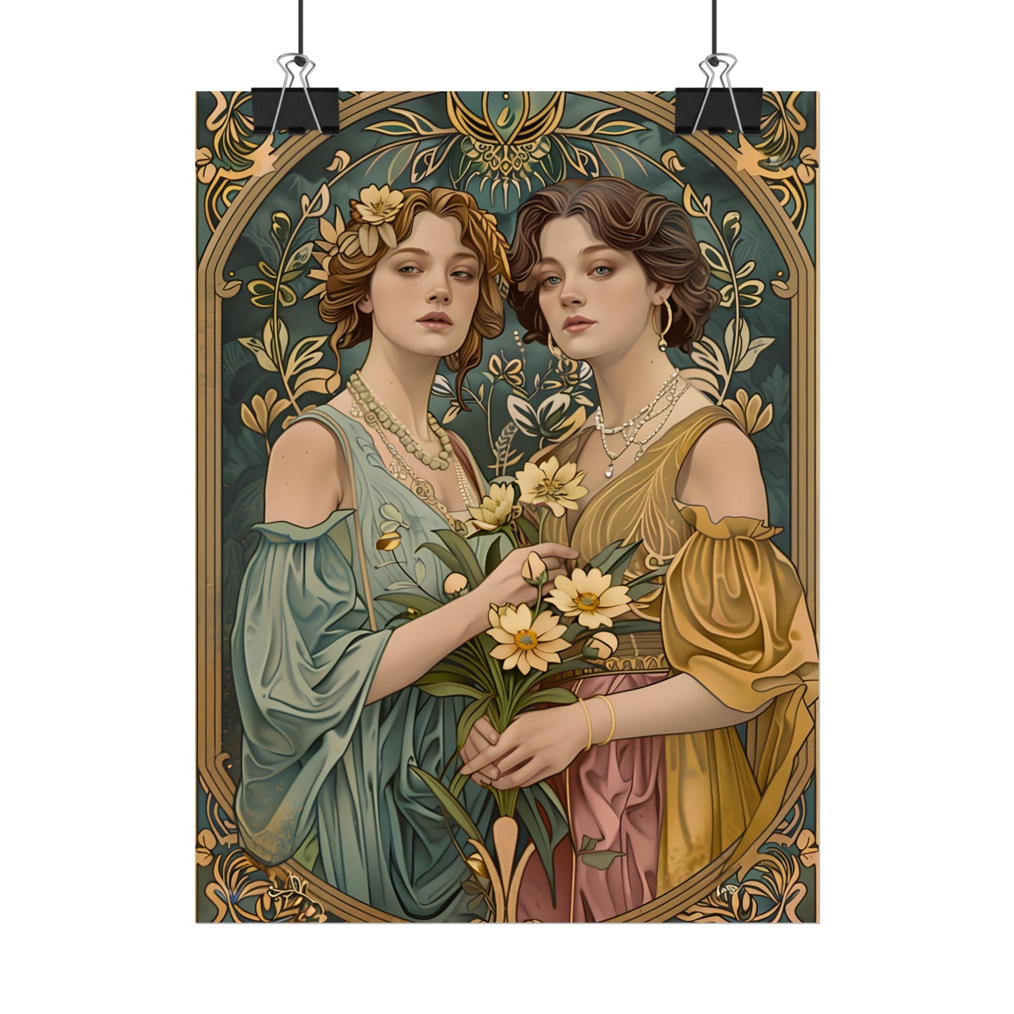Two Women in Ornate Attire Holding Primr: Traditional Turkish Artwork - Poster