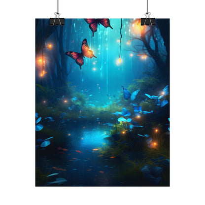 Moonlit Night Forest: Glowing Foggy Fantasy Bokeh Art - Poster