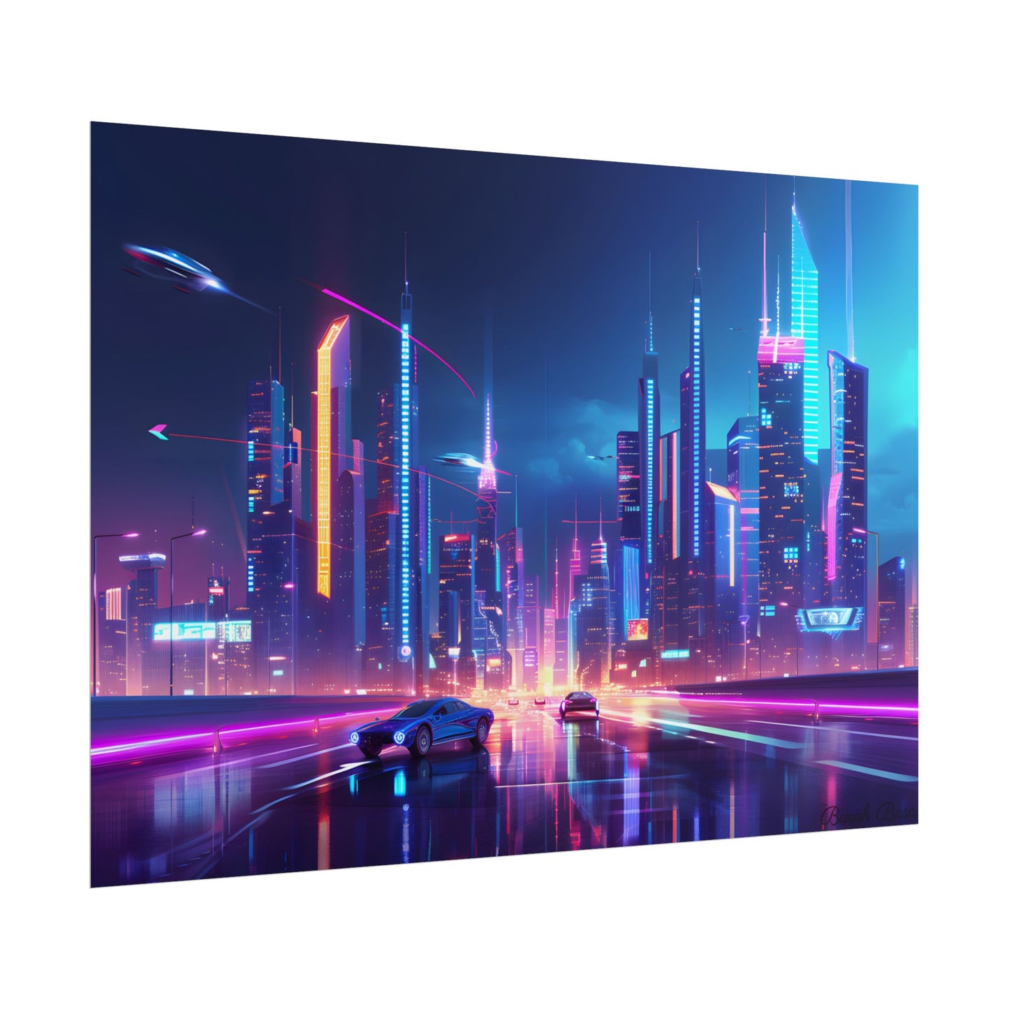 Futuristic City Glow: Neon Lights Digital Art - Poster