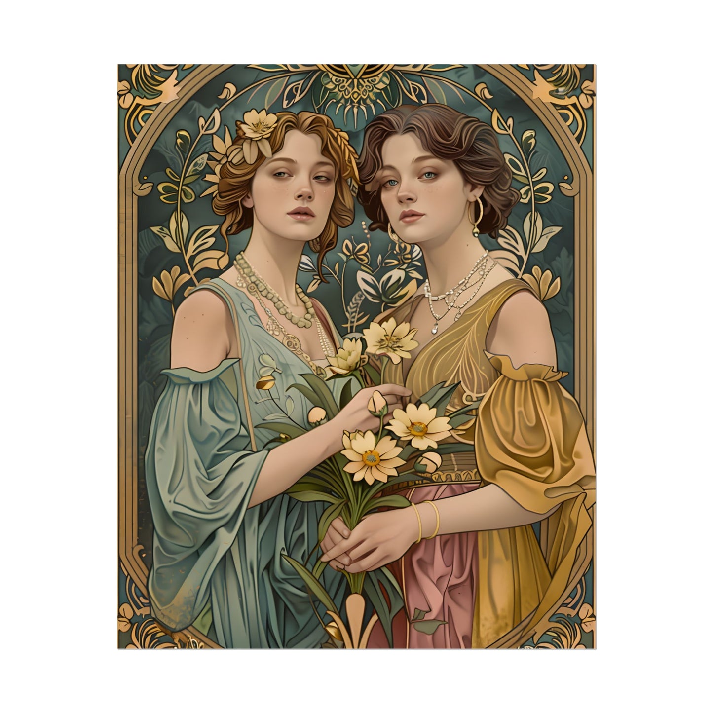 Two Women in Ornate Attire Holding Primr: Traditional Turkish Artwork - Poster