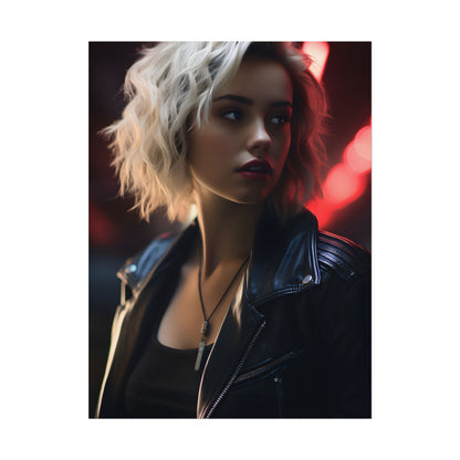 Cyberpunk Blonde: Closeup Portrait in Neon Hues - Poster