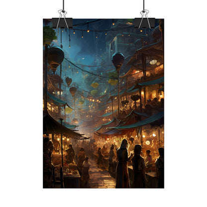 Enchanting Night Street Food Market: Colorful Artwork - Poster