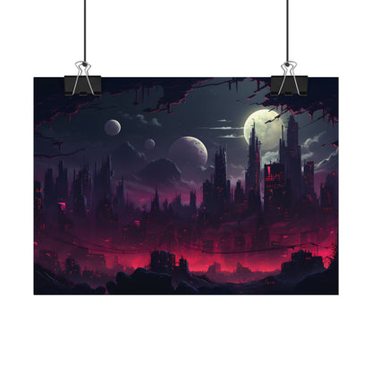 Burning Cyberpunk Cityscape at Night: Digital Art - Poster