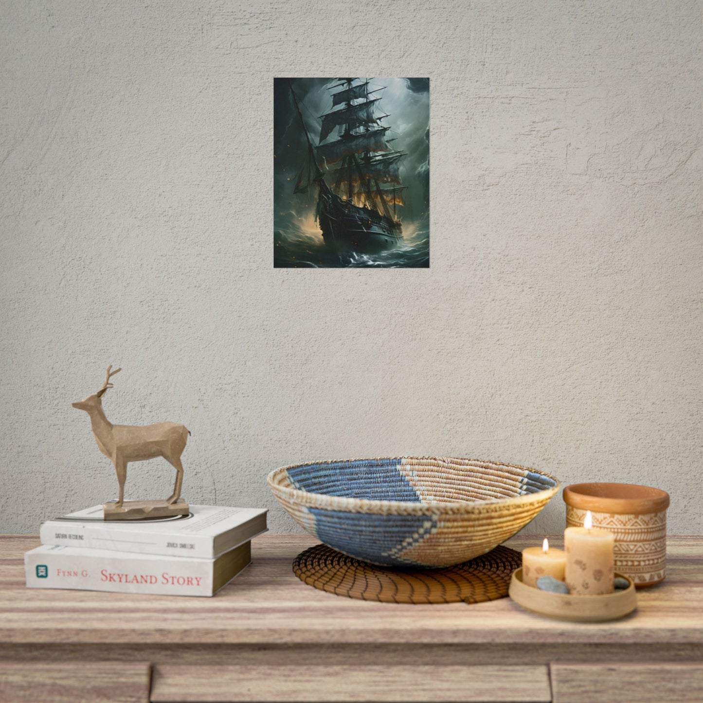 Ghostly Pirate Ship: Sailing Solo in Eerie Blue Skies - Poster