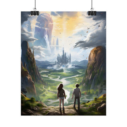 Girl and Boy in Serene Meadow: A Moment on Cloudy Hill - Poster