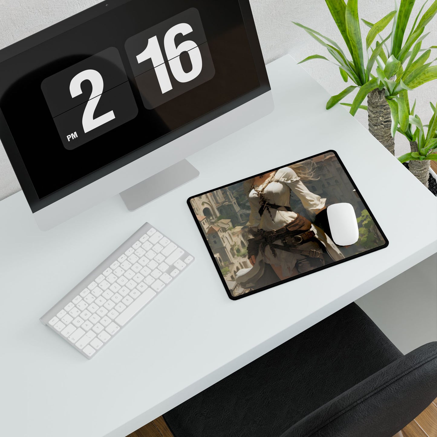 Anime Bird's Eye View Portrait: Blonde Beauty in Motion - Desk Mat