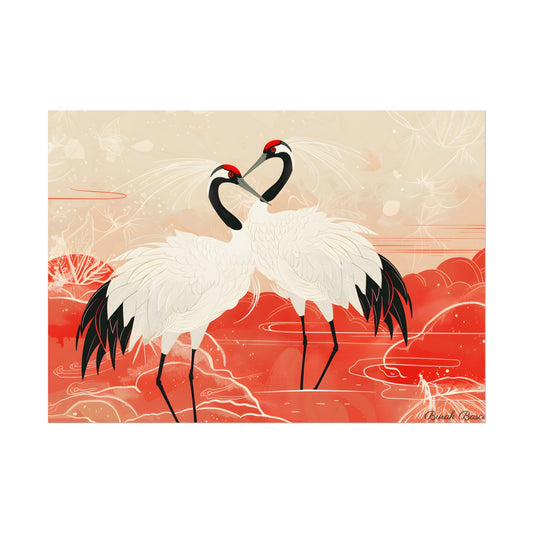 Serene Nature: Two Cranes Amidst Red and Green Landscape Art - Poster