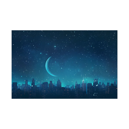 Starry Night Sky: Tranquil Dark Blue Scene with Crescent Moon - Poster