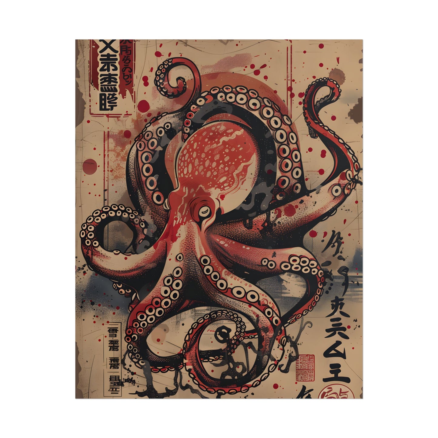 Stylized Octopus in Ukiyo-E Style: Japanese Artwork - Poster