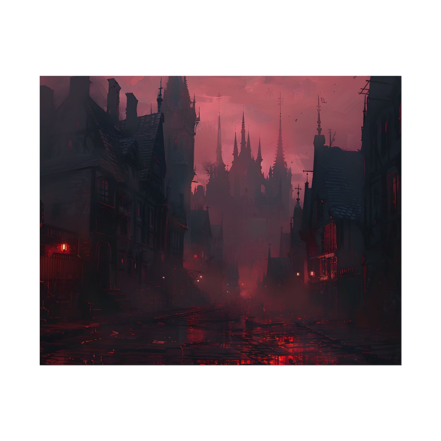 Dark Gothic Cityscape: A Serene Misty Dusk Scene - Poster