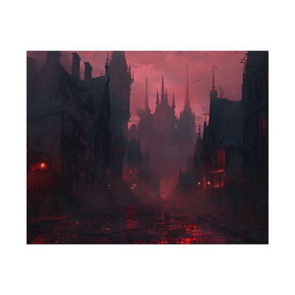 Dark Gothic Cityscape: A Serene Misty Dusk Scene - Poster