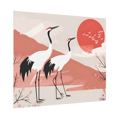 Serene Landscape with Cranes: Peaceful Nature Art - Poster