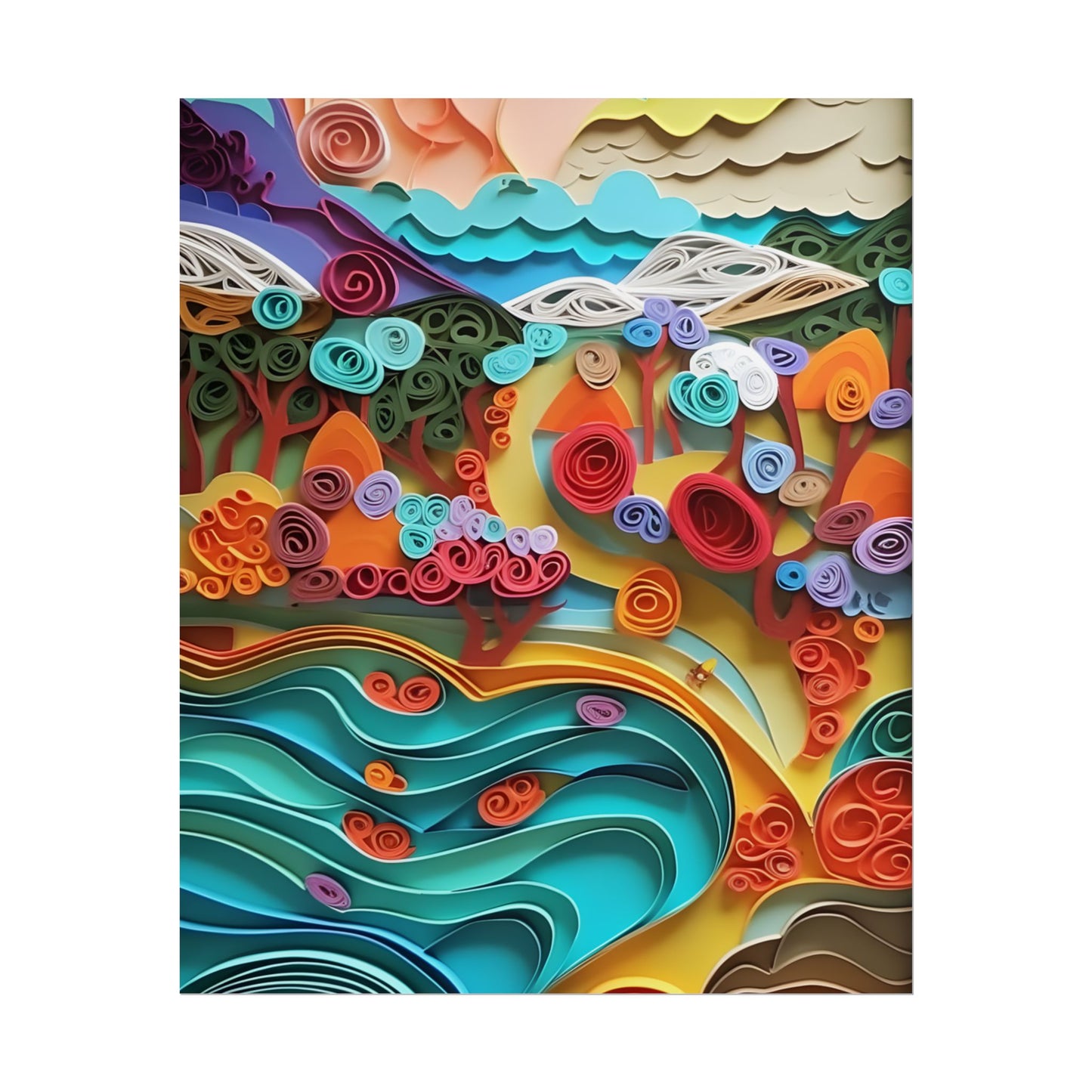 Paper Quilled Beach Bliss: Artistic Coastal Landscape - Poster