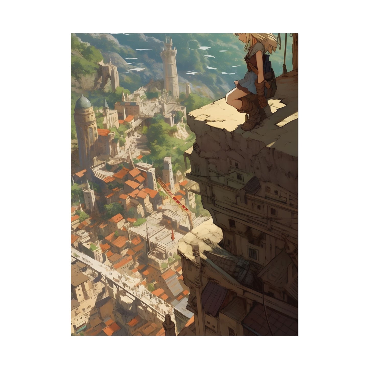 Dramatic Anime Bird's Eye View: Blonde Female in Action with Flying Birds - Poster