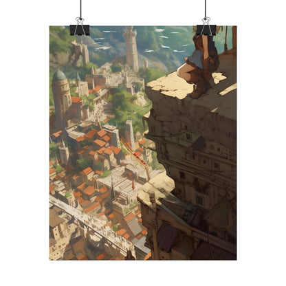 Dramatic Anime Bird's Eye View: Blonde Female in Action with Flying Birds - Poster