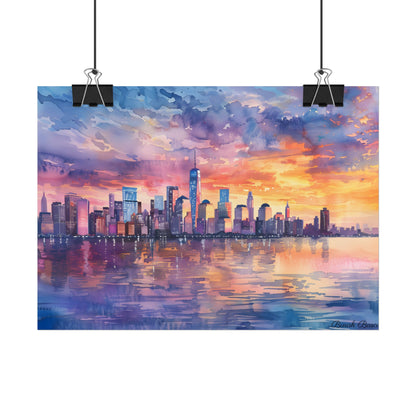 Serene NYC Sunset: Watercolor Skyline Reflections - Poster