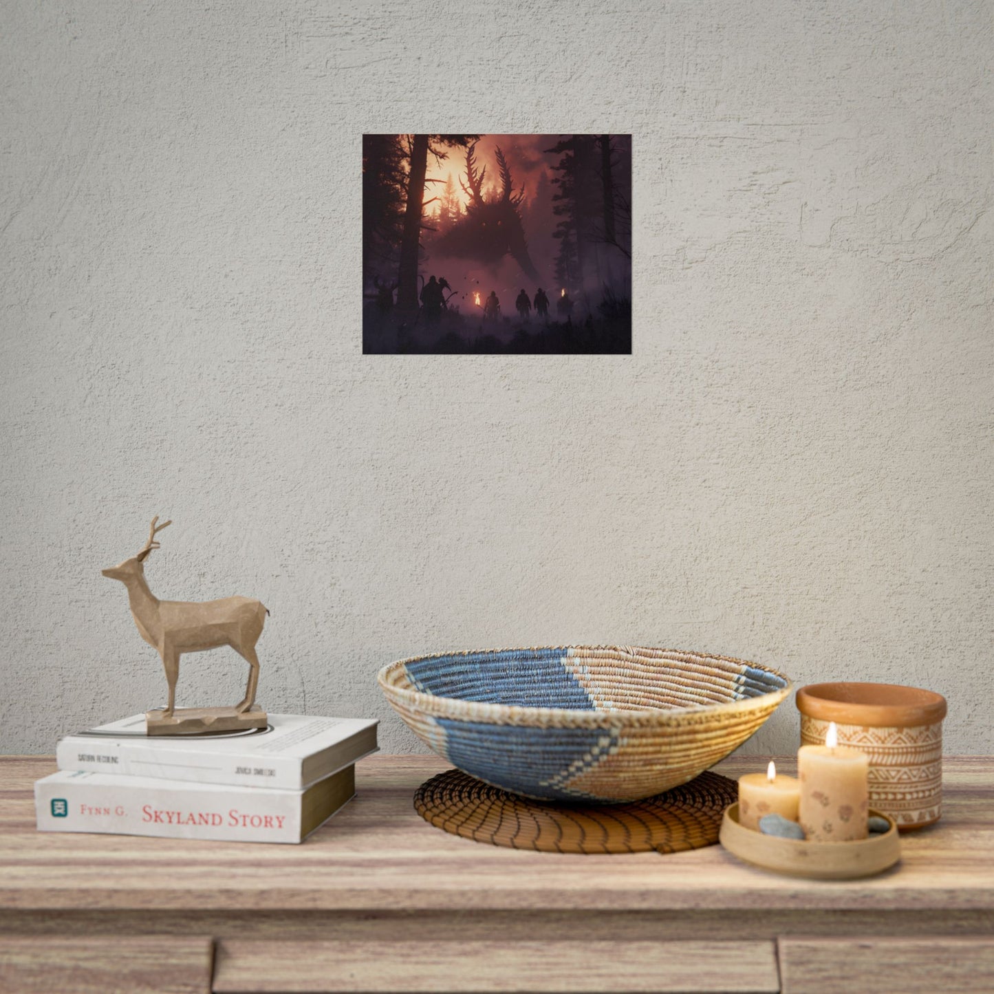 Serene Forest Sunset: Group Walking Through Misty Landscape - Poster
