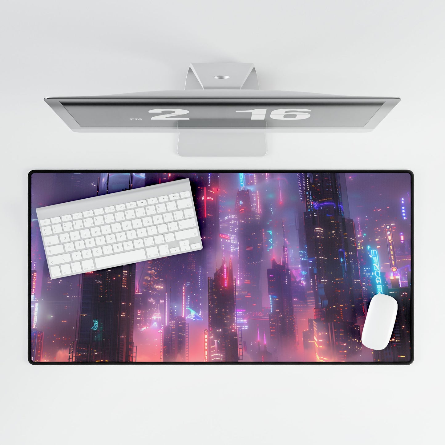 Neon Futuristic Cityscape: Graphic Modern Art - Desk Mat