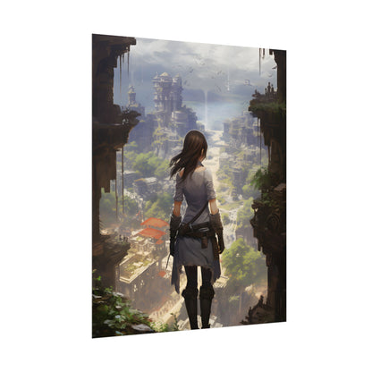 Dramatic Anime City Warrior: Bird's Eye View Digital Art - Poster