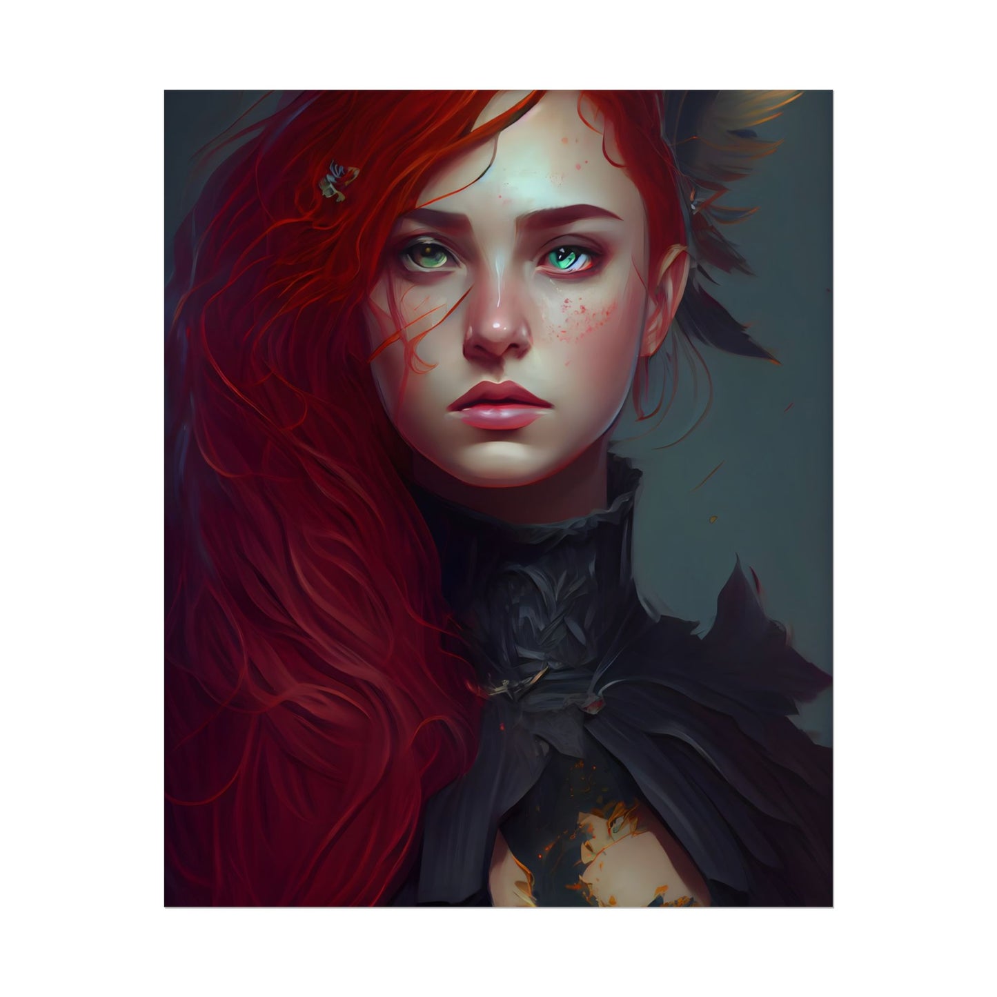 Vibrant Female Portrait: Red Hair Beauty in Neutral Dress - Poster