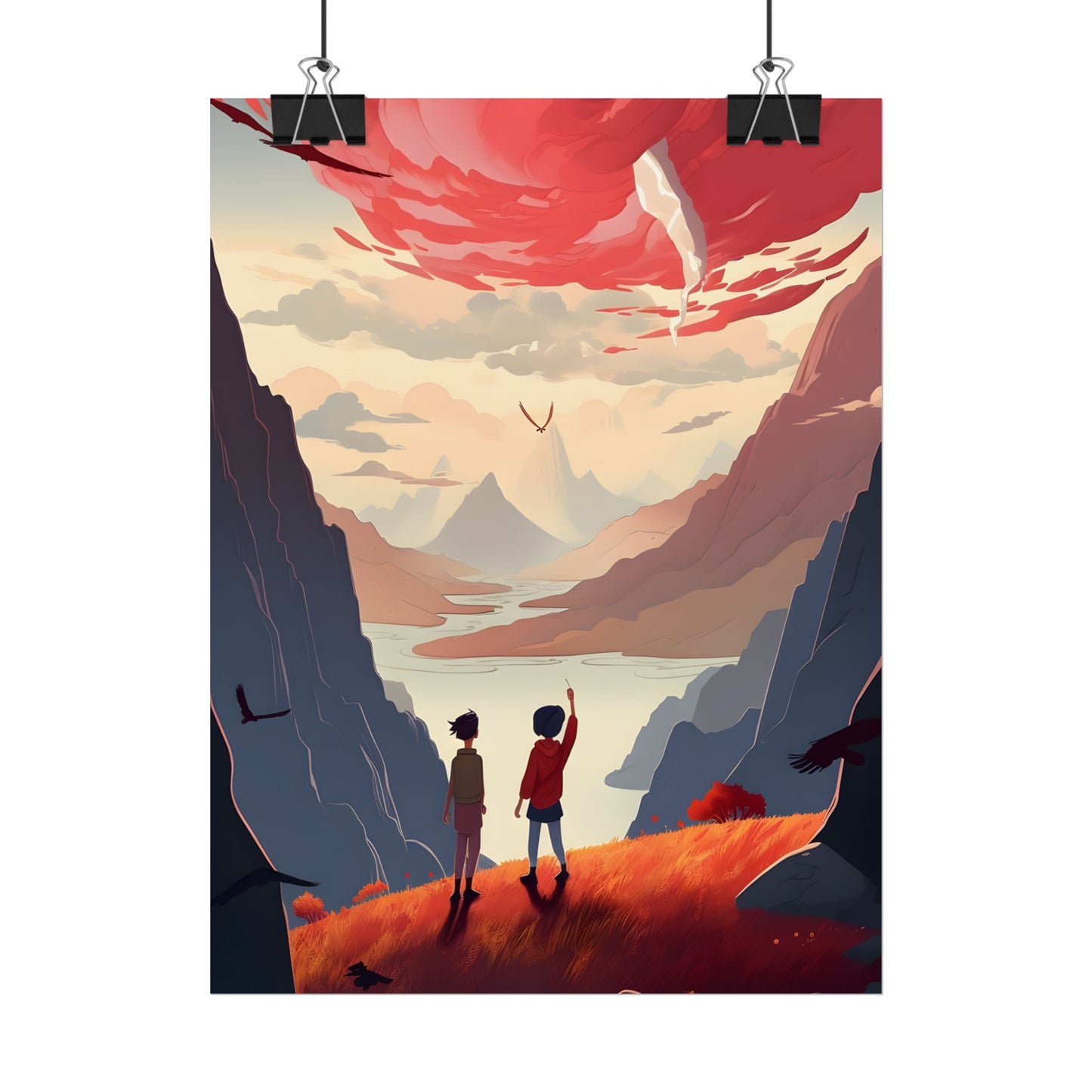 Serene Meadow Scene: Girl & Boy Under Cloudy Sky - Poster