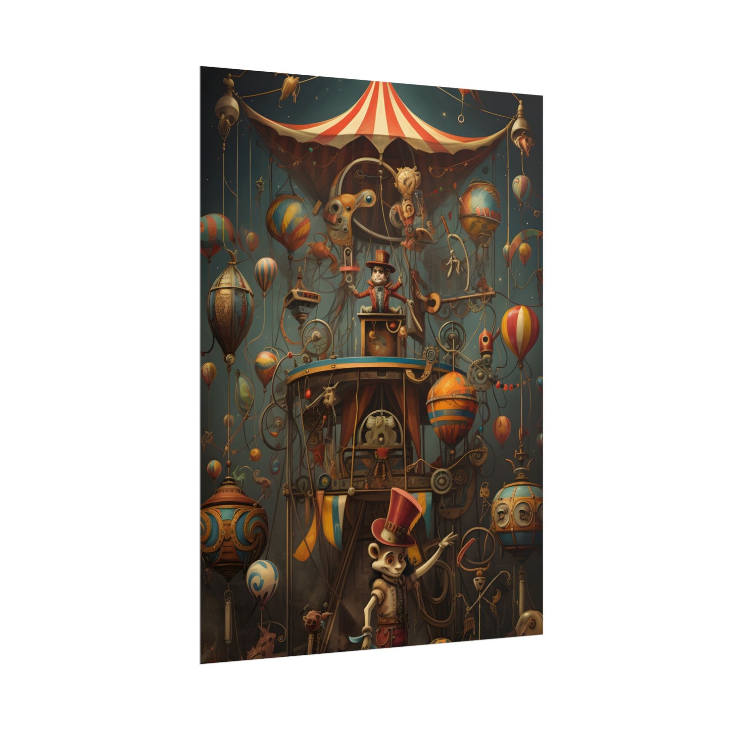 Whimsical Clockwork Circus: Fantastical Wooden Horse in Steampunk Dreamscape - Poster