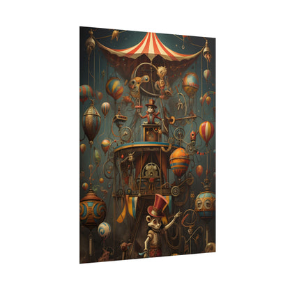 Whimsical Clockwork Circus: Fantastical Wooden Horse in Steampunk Dreamscape - Poster