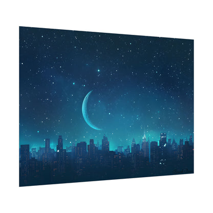 Starry Night Sky: Tranquil Dark Blue Scene with Crescent Moon - Poster