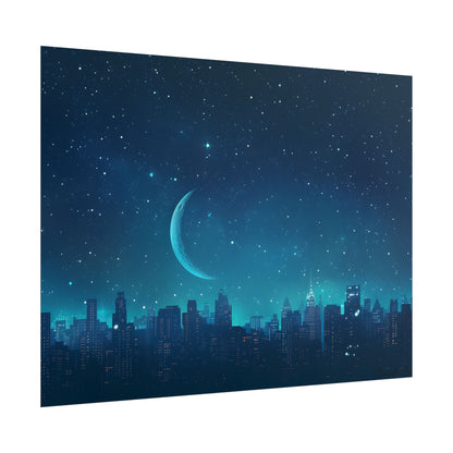 Starry Night Sky: Tranquil Dark Blue Scene with Crescent Moon - Poster
